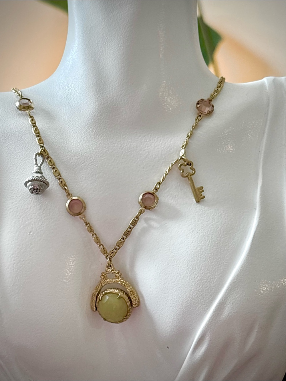 RARE Vintage Goldette Fob Spinner Charm Necklace purple citrine 20”